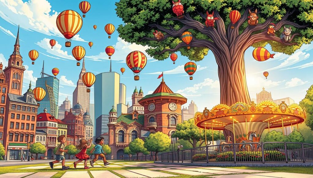 A bustling city skyline, with whimsical hot air balloons drifting overhead, casting playful shadows on the streets below. In the foreground, a group of children engage in a lively game of hopscotch, their laughter echoing off the colorful, architectural facades. Nearby, a towering treehouse invites exploration, its branches reaching up towards a sun-dappled park. In the distance, a carousel spins, its painted horses and twinkling lights beckoning to young adventurers. The scene is infused with a sense of wonder and enchantment, capturing the special experiences that cities can offer to children.