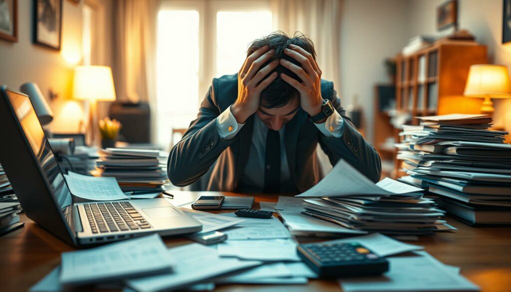 A chaotic home office scene, with a laptop, scattered papers, and a calculator on a messy desk. Soft, warm lighting illuminates the space, creating a sense of frustration and stress. In the foreground, a worried business person holds their head in their hands, overwhelmed by financial accounting errors. The middle ground features disorganized piles of bills, receipts, and files, while the background shows a blurred, dimly lit interior, emphasizing the sense of confusion and disarray. The overall atmosphere conveys the challenges and common mistakes encountered in personal finance management.