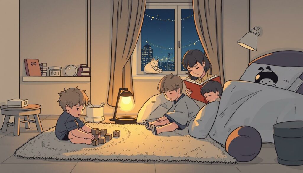 A cozy evening scene featuring children engaged in calming bedtime rituals. In the foreground, two young siblings sit on a plush rug, playing a quiet game with wooden blocks. Nearby, a parent reads a storybook by the warm glow of a table lamp. In the middle ground, a cat curls up on a window seat, gazing out at a softly illuminated nightscape. The background is a serene bedroom, with muted colors, gentle textures, and a sense of tranquility. The lighting is soft and diffused, creating a soothing, intimate atmosphere conducive to relaxation and sleep.