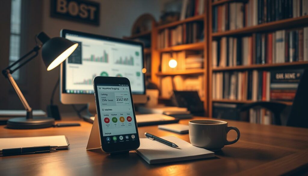 A cozy home office setting, dimly lit with warm ambient lighting. In the foreground, a sleek smartphone or tablet device prominently displays various household budgeting app interfaces. On the desk, a notebook, pen, and a cup of coffee create a sense of productivity. The middle ground features a laptop or desktop computer, its screen showcasing budget tracking graphs and charts. In the background, bookshelves filled with personal finance guides and magazines create an air of financial organization and expertise. The overall mood is one of focused concentration and control over personal finances.