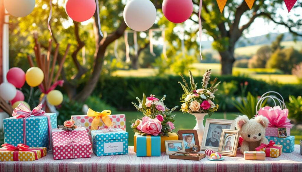 A cozy outdoor party scene with a table adorned with vibrant gifts, personalized party favors, and nostalgic keepsakes for children. Soft, warm lighting casts a glow over the celebration, evoking a sense of joy and wonder. In the foreground, an assortment of thoughtfully wrapped presents in festive patterns and colors sits alongside handmade crafts, personalized photo frames, and small plush toys. The middle ground features a whimsical display of decorations, such as colorful balloons, tissue paper streamers, and a delicate floral centerpiece. The background showcases a lush, verdant garden setting with swaying trees and a hint of a picturesque landscape, creating a serene and enchanting atmosphere perfect for cherished memories and special keepsakes.