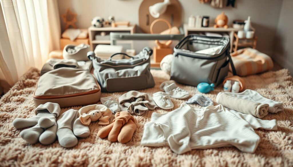 A cozy, soft-lit scene showcasing an array of essential baby travel items neatly arranged on a plush, neutral-toned blanket. In the foreground, a selection of high-quality, gender-neutral baby clothes, socks, and accessories lies elegantly displayed. The middle ground features a compact, modern diaper bag, a baby carrier, and a folding travel crib, all in muted, earthy tones that complement the serene atmosphere. In the background, a tasteful selection of baby toiletries, toys, and other necessities creates a sense of completeness, reflecting the comprehensive nature of the packing list. The lighting is warm and natural, casting a gentle glow that enhances the overall tranquil and inviting ambiance, perfect for illustrating the "Packliste fürs Baby: Alles für die Kleinsten" section.