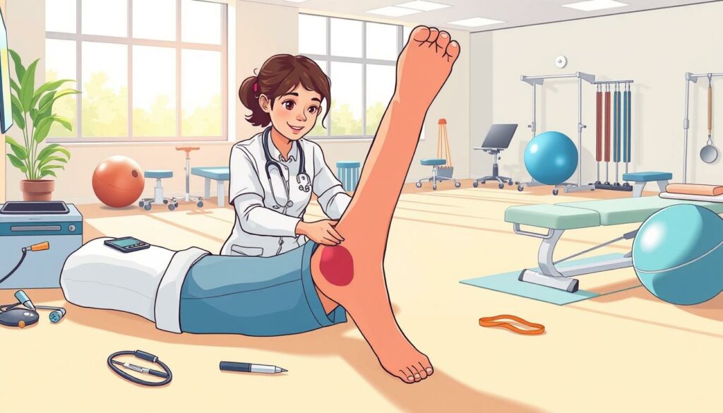 A detailed scene of physiotherapy treatment for a sports injury. In the foreground, a patient's leg is being examined by a medical professional, with an assortment of medical equipment and tools nearby. The middle ground features a well-equipped treatment room with various rehabilitation and exercise equipment, such as exercise balls, resistance bands, and massage tables. The background showcases a serene, calming environment with natural lighting streaming in through large windows, creating a soothing atmosphere. The overall scene conveys a sense of professionalism, care, and a focus on the patient's recovery and rehabilitation process.