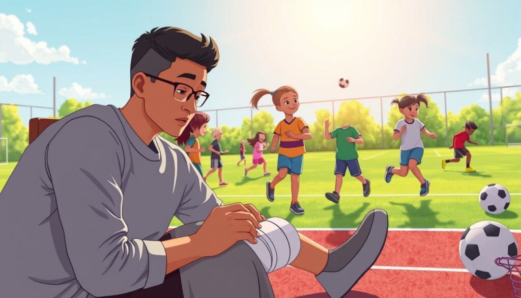 A dynamic scene showcasing first aid for children's sports injuries. In the foreground, a concerned parent gently attends to a young athlete's bandaged knee, applying ice and compression. The middle ground features a group of children engaged in various athletic activities, each with a focus on safety and proper technique. The background depicts a vibrant, sun-dappled sports field, with lush greenery and a sense of movement and energy. The lighting is natural and warm, creating a comforting, reassuring atmosphere. The angle is slightly elevated, allowing the viewer to observe the scene as if through the eyes of a caring adult. The overall mood is one of compassion, attention to detail, and a commitment to supporting young athletes in their journey.