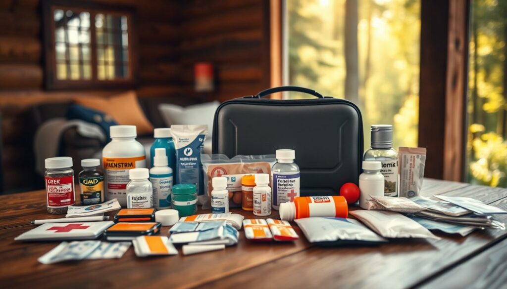 A family's travel medical kit, neatly arranged on a wooden table. In the foreground, an array of essential medications, bandages, and first-aid supplies. The middle ground showcases a sleek, compact carrying case, its design conveying practicality and portability. In the background, a serene, natural setting, perhaps a sun-dappled forest or a cozy cabin, suggests the adventurous family getaway. Warm, soft lighting casts a comforting glow, while the composition emphasizes the kit's organization and readiness to meet any health needs that may arise during the vacation. An image that captures the peace of mind and preparedness of a well-stocked "Reiseapotheke für Familien."