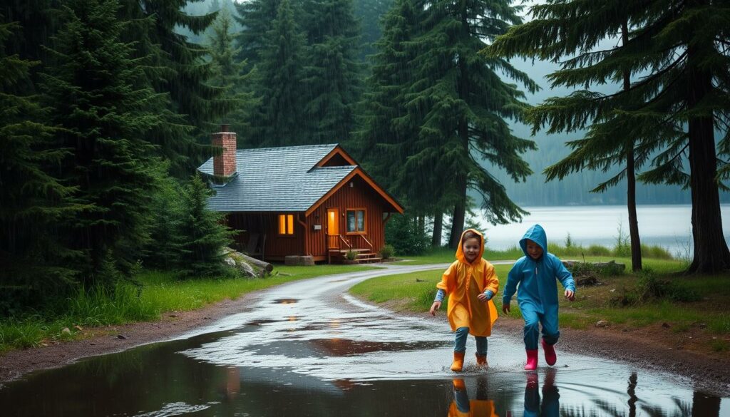 A lush, verdant forest with towering evergreen trees surrounds a cozy wooden cabin. In the foreground, a group of children in rain ponchos and galoshes splashing through a puddle, their faces lit with joyful wonder. The middle ground features a winding path leading to the cabin, its warm glow peeking through the misty rain. The background showcases a serene lake, its surface rippling as raindrops pelt the water. Soft, diffused natural lighting casts a dreamlike, atmospheric quality to the scene. The overall mood is one of embracing the adventure and magic of a rainy day outdoors.