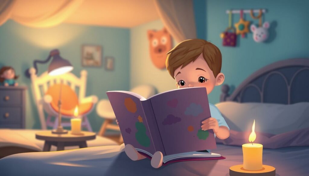 A peaceful bedroom scene, dimly lit with soft, warm lighting. In the foreground, a child sitting on a comfortable bed, reading a bedtime story from a large, colorful book. The child's face is calm and serene, their eyes attentive. In the middle ground, a small bedside table with a flickering candle, casting a gentle glow. The background is blurred, but hints at other calming elements like a rocking chair, plush toys, and a mobile hanging above the bed. The overall atmosphere is one of tranquility and security, inviting the child to unwind and prepare for a restful sleep.