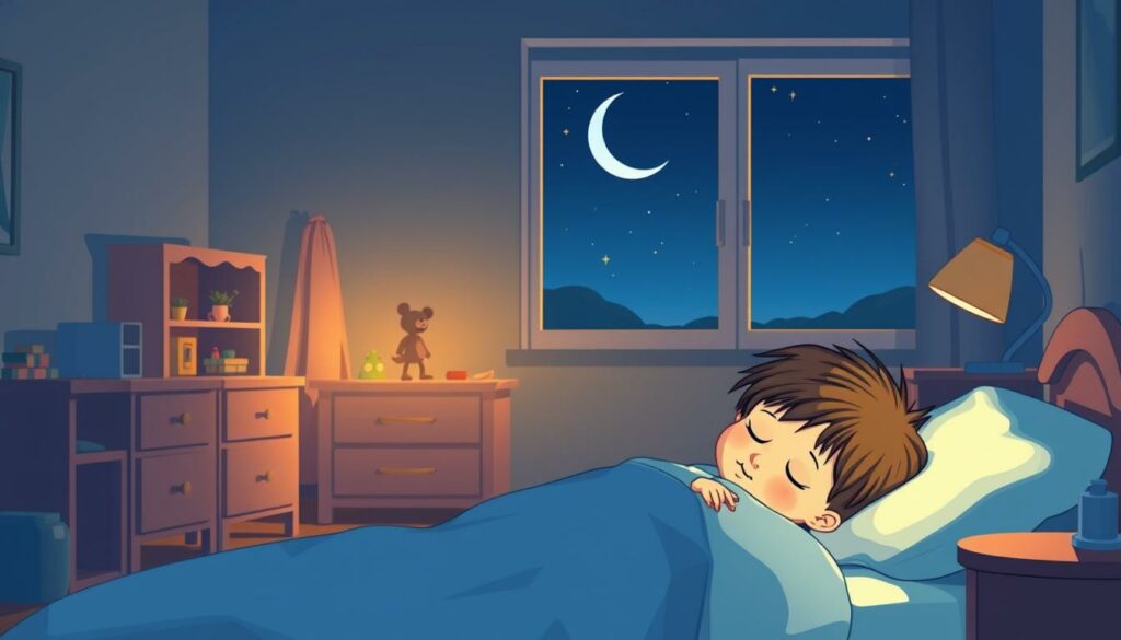 A peaceful night scene of a child's bedroom. In the foreground, a young child is sleeping soundly in a cozy bed, their face illuminated by the soft glow of a nightlight. The middle ground features delicate shadows cast by bedroom furniture and toys, creating a serene atmosphere. In the background, the window reveals a tranquil night sky, with a crescent moon and twinkling stars. The lighting is warm and gentle, evoking a sense of comfort and security. The entire scene conveys a sense of calm and rest, capturing the essence of "nächtliche Ausnahmen bei Kindern".