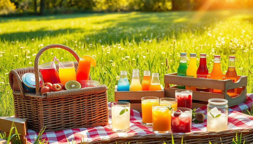 A picturesque picnic setting with a variety of refreshing beverage ideas for children. In the foreground, a wicker picnic basket overflows with vibrant fruit juices, flavored seltzers, and chilled smoothies. Wooden crates in the middle ground hold an assortment of colorful, kid-friendly drinks served in glass bottles and cups. In the background, a lush, verdant meadow with scattered wildflowers provides a serene, natural backdrop. Warm, golden sunlight filters through the scene, creating a soft, inviting atmosphere. The overall mood is cheerful, refreshing, and perfect for a delightful family picnic.