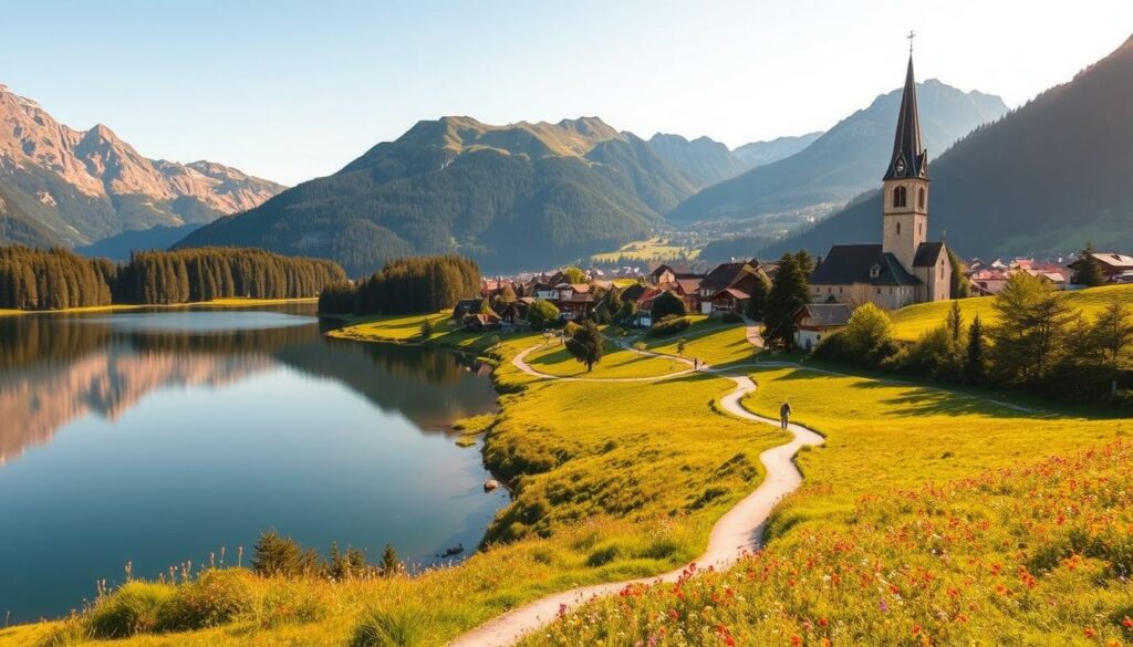 A scenic landscape in the heart of Switzerland, capturing the essence of regional day trip destinations. In the foreground, a serene alpine lake reflects the majestic peaks and lush forests surrounding it. Winding trails lead visitors through meadows of vibrant wildflowers, inviting exploration. The middle ground features a charming village with traditional Swiss architecture, its church steeple piercing the sky. In the distance, rolling hills dotted with charming farmhouses paint a picture of rural tranquility. Warm, golden sunlight bathes the scene, lending a sense of timeless beauty. The composition emphasizes the natural splendor and quaint charm of Switzerland's regional attractions, perfect for a family day out.