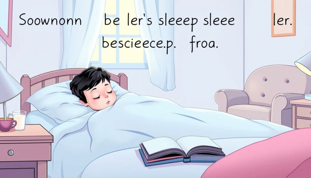 A serene bedroom scene with a child sleeping peacefully in a cozy bed, surrounded by soothing pastel colors and soft lighting. The child's face is relaxed, indicating a restful slumber. In the foreground, a bedside table holds a cup of warm milk and a book, hinting at relaxing bedtime routines. The middle ground features a comfortable armchair, inviting the viewer to imagine a parent or caregiver gently comforting the child. In the background, a window lets in a soft, natural glow, creating a calming, dreamlike atmosphere. The overall scene conveys a sense of tranquility and solutions to common childhood sleep problems.