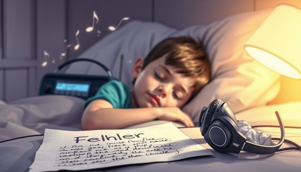 A serene bedroom with a child sleeping peacefully, surrounded by soothing and mellow musical notes emanating from a nightstand radio. Soft, warm lighting casts a gentle glow, creating a calming atmosphere. The child's expression is relaxed, suggesting the music has effectively lulled them to sleep. In the foreground, a tangled pair of headphones and a crumpled sheet of paper with handwritten notes symbolize the "Fehler" or mistakes in using sleep music. The background fades into a muted, dreamlike quality, emphasizing the importance of getting the sleep music experience right for children.
