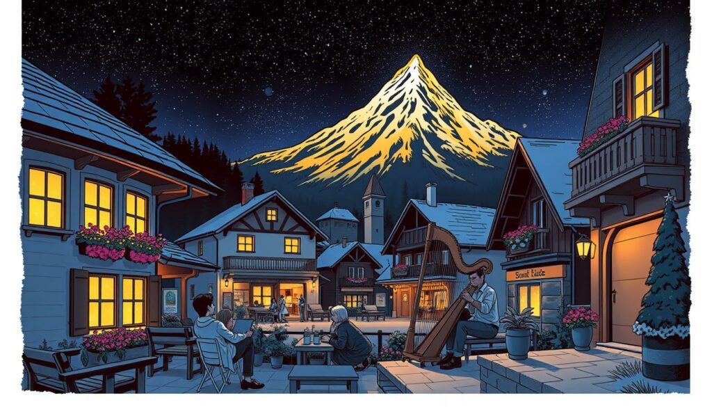 A serene nighttime scene of a Swiss alpine village nestled in the mountains, with a soft glow of cottage windows and a starry sky above. In the foreground, a family relaxes on a porch, listening to the soothing melodies of a local musician playing a traditional alpine harp. The middle ground features quaint chalets and shops, their facades adorned with colorful flower boxes and twinkling fairy lights. In the background, a majestic peak rises, its snow-capped summit bathed in a warm, golden light. The overall atmosphere is one of tranquility and the comforting embrace of Swiss alpine culture.