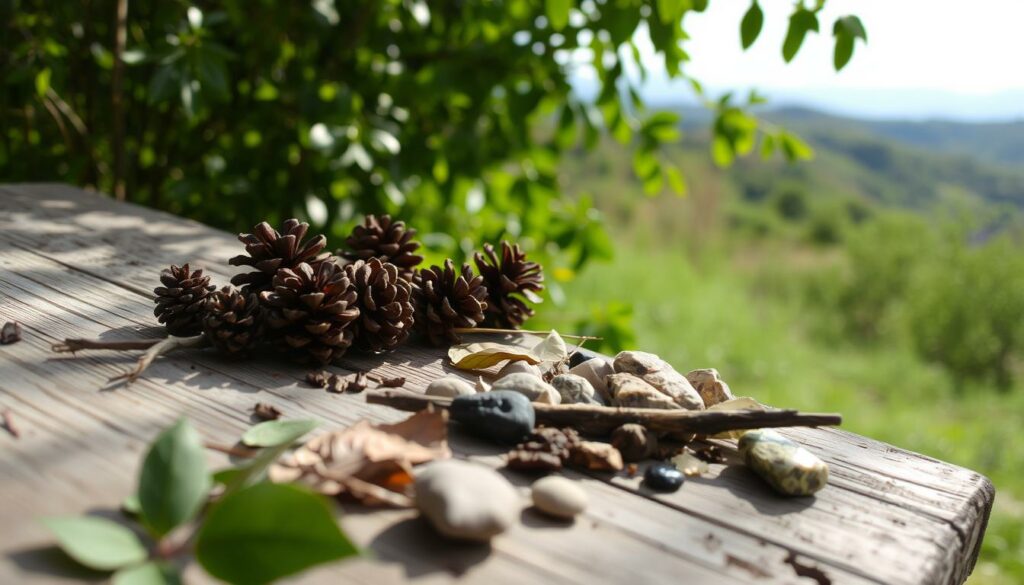 A serene outdoor scene with a creative display of natural materials. In the foreground, an assortment of found objects - pinecones, twigs, leaves, and stones - artfully arranged on a weathered wooden surface. Soft, diffused natural lighting casts gentle shadows, highlighting the textures and colors of the organic elements. The middle ground features a lush, verdant backdrop of leafy foliage, hinting at the abundance of nature's bounty. In the distance, a blurred landscape of rolling hills or a tranquil forest setting, conveying a sense of calm and inspiration. The overall mood is one of mindful contemplation, encouraging the viewer to appreciate the beauty and versatility of simple, natural materials.