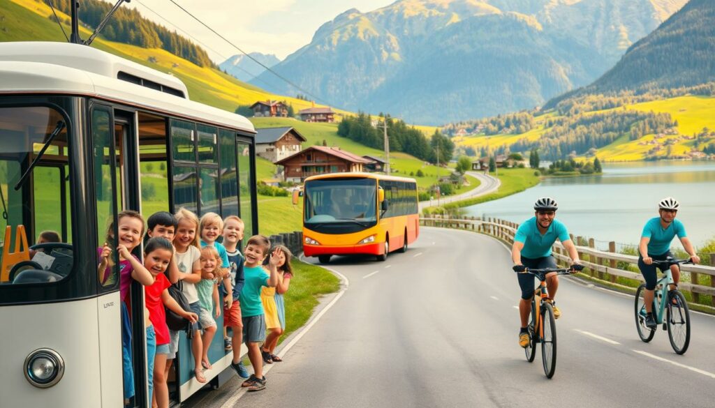 A vibrant, family-friendly scene in the Swiss countryside, showcasing various modes of eco-friendly transportation. In the foreground, a group of children eagerly board a charming electric tram, their faces alight with excitement. In the middle ground, a hybrid bus glides along a winding road, flanked by lush green hills and picturesque chalets. In the background, a pair of cyclists leisurely pedal past a scenic lake, surrounded by the majestic Alps. The scene is bathed in warm, golden light, conveying a sense of joy and adventure. The overall mood is one of well-being, sustainability, and the unique charm of Swiss outdoor exploration.