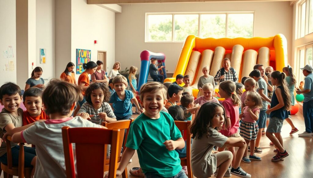 A vibrant, lively scene of various group games played by a diverse group of children in a spacious indoor setting. In the foreground, kids engaged in a spirited game of musical chairs, their faces animated with joy. In the middle ground, a group huddled around a table playing a board game, intense concentration etched on their features. In the background, a cluster of children taking turns at a giant inflatable obstacle course, their laughter and shrieks of delight filling the air. The lighting is warm and inviting, casting a natural glow on the scene. The overall atmosphere is one of unbridled fun and camaraderie, capturing the spirit of a boisterous children's party.