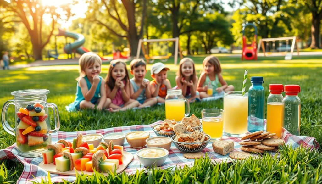A vibrant outdoor scene with a picnic blanket laid out on lush green grass. In the foreground, an assortment of healthy snacks - colorful fruit skewers, veggie cups with hummus, whole grain crackers, and bite-sized sandwiches. A pitcher of freshly squeezed lemonade and an array of reusable water bottles sit nearby. In the middle ground, children of various ages happily gather around, sampling the nutritious treats under the warm, golden sunlight. The background features a playful playground with swings and a slide, framed by tall, leafy trees. The overall mood is one of joy, energy, and a celebration of wholesome, kid-friendly delicacies.