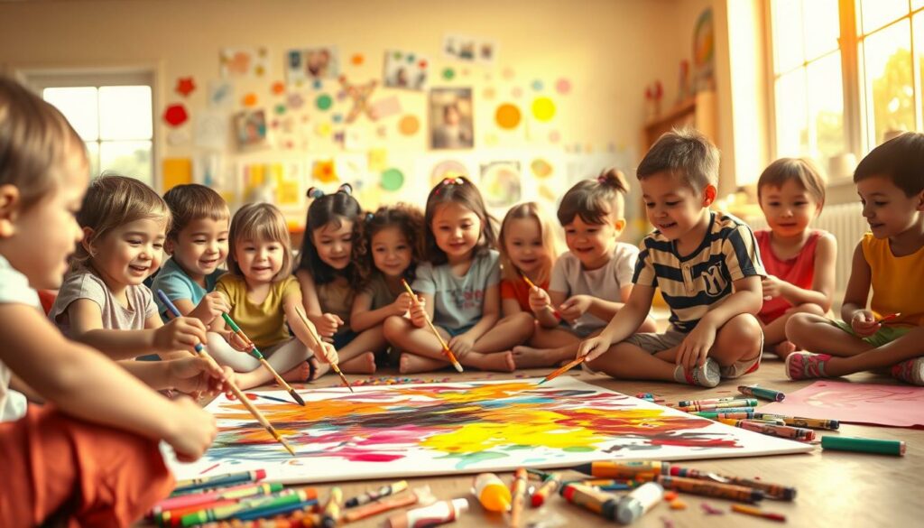 A vibrant scene of children collaborating on a shared art project. In the foreground, young hands dip brushes into vivid paints, carefully adding strokes to a large canvas on the floor. Diverse children sit cross-legged, their expressions focused as they work together, sharing ideas and materials. The middle ground reveals an array of art supplies - crayons, markers, glue sticks, and paper scraps. In the background, the walls are adorned with previous masterpieces, creating a colorful, inspirational setting. Warm, natural lighting filters in from large windows, casting a golden glow over the creative scene. An atmosphere of joy, imagination, and teamwork permeates the space, inviting the viewer to join in on the shared artistic journey.