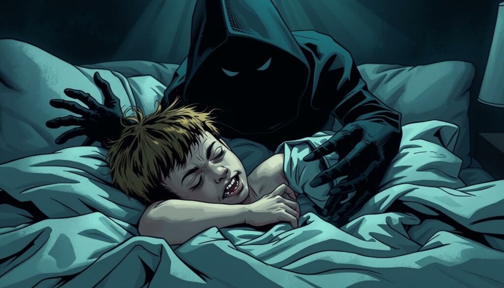 A young child lies sleeping, their face twisted in fear as a shadowy figure looms over them. The room is dimly lit, casting an eerie glow on the scene. The figure's features are obscured, but its presence is palpable, radiating a sense of menace and foreboding. The child's bedsheets are rumpled, as if they have been tossing and turning in the grip of a vivid nightmare. The background is blurred, drawing the viewer's attention to the intense, unsettling interaction between the child and the ominous presence. The image conveys the disorienting and unsettling nature of the "Nachtschreck," a phenomenon distinct from a mere bad dream, where the child experiences a terrifying, hallucinatory event while still in a state of partial wakefulness.
