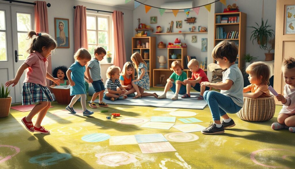 An idyllic children's party scene, with a group of kids engaged in various low-tech party games and activities. In the foreground, a lively game of hopscotch is underway, with colorful chalk drawings on the ground. In the middle ground, a group of children sit in a circle, playing a classic game of "telephone," passing a secret message from one to the next. In the background, a cozy indoor setting, with a bookshelf, board games, and a basket of toys, creating a warm, inviting atmosphere. Soft, natural lighting filters through the windows, casting a gentle glow over the scene. The overall mood is one of joy, creativity, and the simple pleasures of childhood, unencumbered by digital distractions.