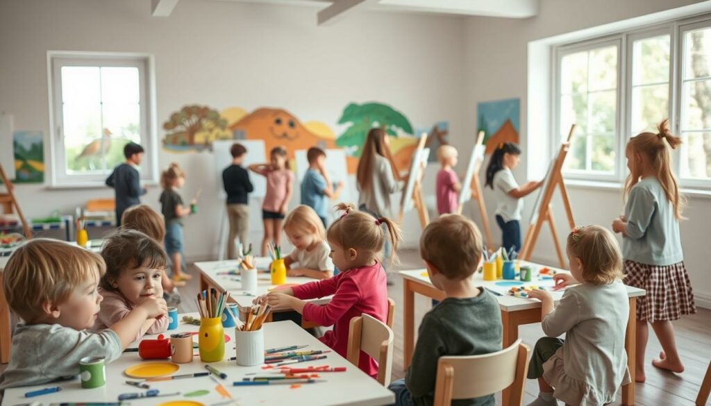 Malen nach Alter: a serene, well-lit classroom scene with children of varying ages focused on their artwork. In the foreground, a group of young children sitting at small tables, surrounded by colorful paints, brushes, and paper. In the middle ground, older children stand at easels, their faces filled with concentration as they bring their visions to life. The background showcases vibrant murals on the walls, inspiring the young artists. Soft natural light filters in through large windows, illuminating the scene with a sense of warmth and creativity. The atmosphere is one of exploration, discovery, and the joy of self-expression through the art of painting.