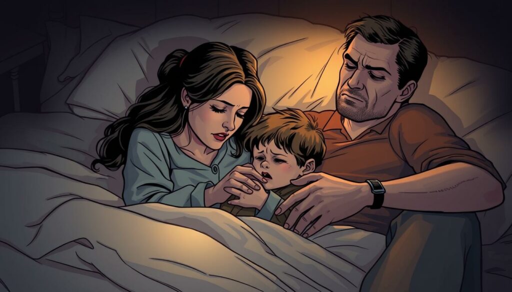 Parents comforting a child having a nightmare. An intimate, dimly lit bedroom scene. The mother gently embracing her distraught child, calming them with a soothing touch. The father sits nearby, his face etched with concern as he reaches out to provide reassurance. Soft, warm lighting casts a gentle glow, emphasizing the tender emotional connection. Delicate textures in the bedding and clothing add depth. The child's expression shifting from fear to relief as they find solace in their parents' love and care.