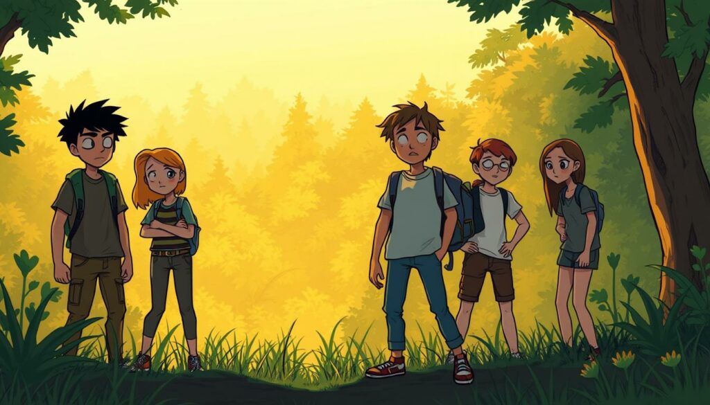 A group of young people, ages 16-20, standing at the edge of a forest clearing, their expressions a mix of defiance and uncertainty. The foreground features the central figures, their body language and interactions conveying a sense of rebelliousness and the testing of boundaries. The middle ground shows the lush, verdant forest, suggesting an environment that both confines and invites exploration. Warm, diffused lighting filters through the canopy, casting a golden glow and creating a sense of introspection. The background fades into a hazy, dreamlike horizon, hinting at the vast and unknown possibilities that lie beyond their current circumstances. The overall atmosphere is one of adolescent angst, the struggle to assert independence, and the search for identity amidst the constraints of the world around them.