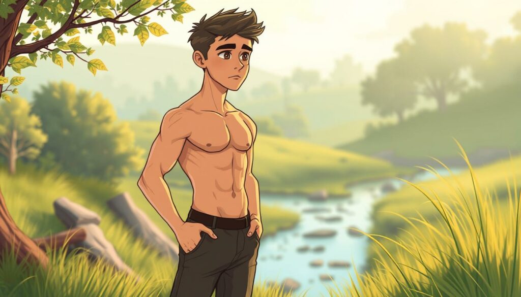 A young male adolescent standing in a serene, natural setting, with a warm, soft lighting illuminating his developing physique. His body is in the process of transformation, with subtle muscular definition emerging, and hair growth in key areas. The subject conveys a sense of cautious introspection, as he navigates the physical and emotional changes of puberty. The background features a calming, pastoral landscape, with lush greenery and a tranquil stream or lake, creating a sense of balance and harmony. The scene is captured with a medium-wide angle lens, allowing for a balanced composition that highlights the subject's changing form within the natural environment.