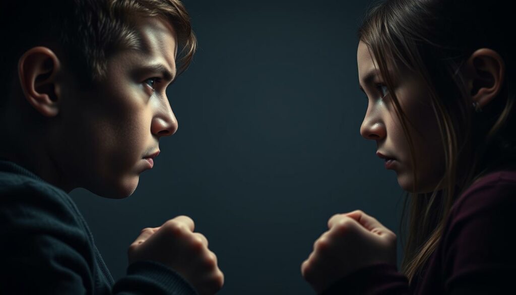 A brother and sister locked in a tense, emotional standoff, their expressions brimming with sibling rivalry and jealousy. The foreground depicts their intense gazes, faces flushed with simmering resentment. In the middle ground, their body language conveys a sense of uneasy confrontation, hands clenched, shoulders tense. The background is muted, drawing the focus to the charged interaction between the two siblings. Dramatic, low-key lighting casts dramatic shadows, heightening the somber, introspective mood. A masterful, cinematic composition that captures the complex dynamics of sibling resentment.