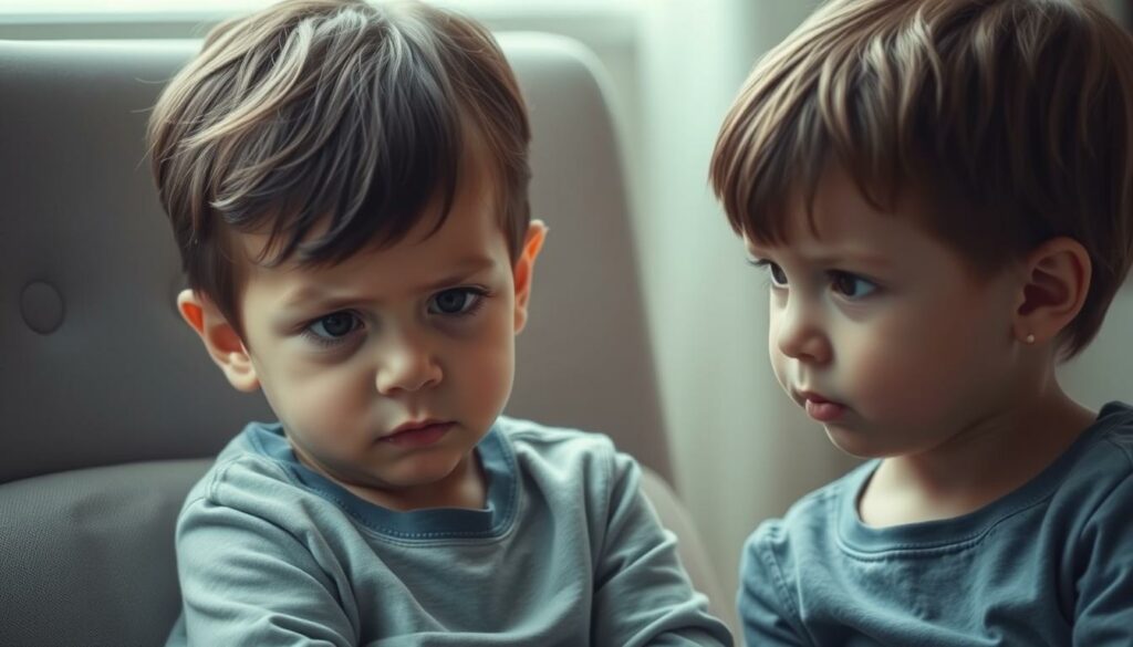 A child sitting on a chair, their face expressing a mix of emotions - apprehension, confusion, and an attempt to navigate a complex situation. Beside them, another child, slightly older, gazing with a concerned, empathetic expression, suggesting a sibling dynamic. The lighting is soft, creating a pensive, introspective mood. The background is blurred, keeping the focus on the interaction between the two children, capturing the essence of a loyalty conflict experienced by young siblings.