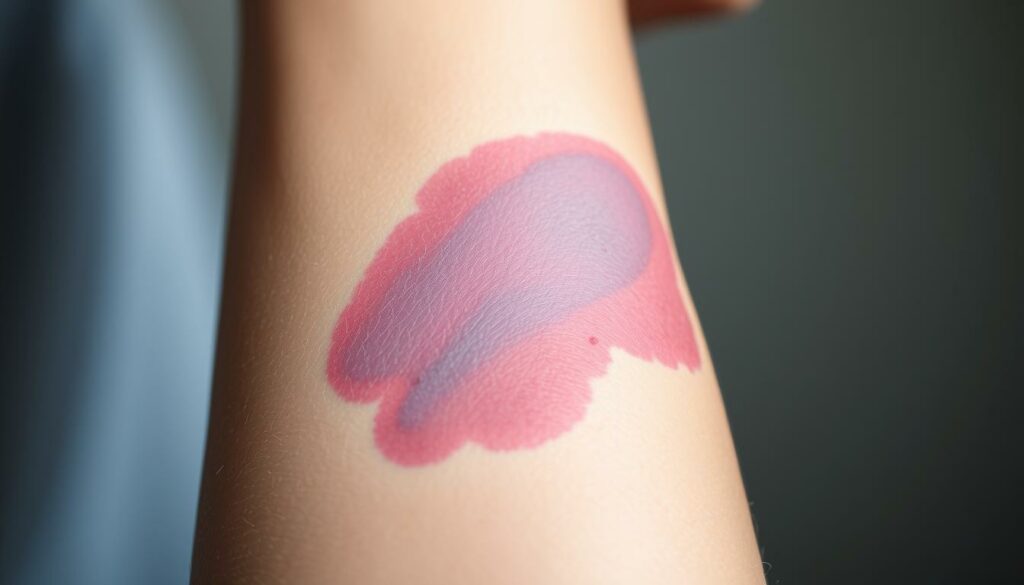 A close-up of a human arm with a prominent blue-purple bruise, the skin discolored and slightly swollen. The bruise is depicted in photorealistic detail, with the varying hues and textures of the injured area clearly visible. The lighting is soft and diffused, casting gentle shadows that accentuate the contours of the arm. The background is blurred and out of focus, keeping the attention solely on the bruised area. The overall mood is one of concern and the need for first aid, conveying the subject of the article section.