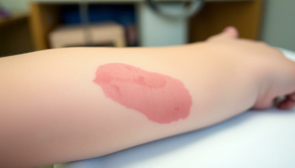 A close-up shot of a child's arm showing visible bruises and discoloration, indicating a bruise or contusion. The skin has a purplish-blue hue with a slightly swollen appearance. The lighting is soft and diffused, highlighting the delicate texture of the skin. The background is blurred, keeping the focus on the detailed injury. The overall mood is clinical yet empathetic, conveying the need for medical attention while also evoking a sense of concern for the child's well-being.