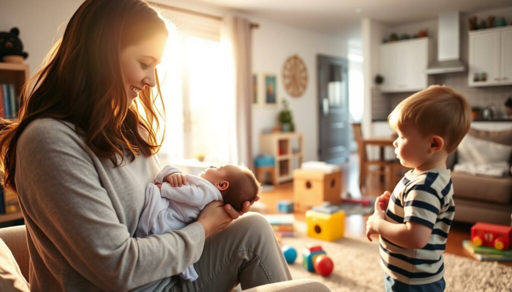A cozy and lively scene of a young family's everyday life. In the foreground, a mother tenderly holds a newborn baby, while a curious toddler sibling stands nearby, watching the gentle interaction. Warm afternoon light filters through the window, casting a soft glow on the intimate moment. The middle ground reveals a tidy, lived-in living room, with toys and books scattered around, reflecting the vibrant presence of children. In the background, hints of a kitchen and dining area suggest the bustling energy of a household with two little ones. The overall atmosphere conveys the challenges and joys of navigating the early stages of life with two children, a time of adjustment, wonder, and strengthening family bonds.