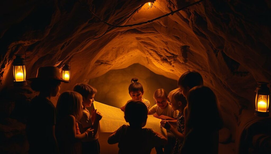 A cozy cave interior, dimly lit by warm lanterns casting a golden glow. In the foreground, a group of children gathers around a map, planning their upcoming caving adventure. Their faces filled with excitement and anticipation. The middle ground reveals the entrance to the cave, piquing the curiosity with its mysterious darkness. In the background, shadows dance across the uneven rock walls, hinting at the wonders that lie within. The atmosphere is one of wonder and discovery, as the children prepare to embark on an underground exploration.