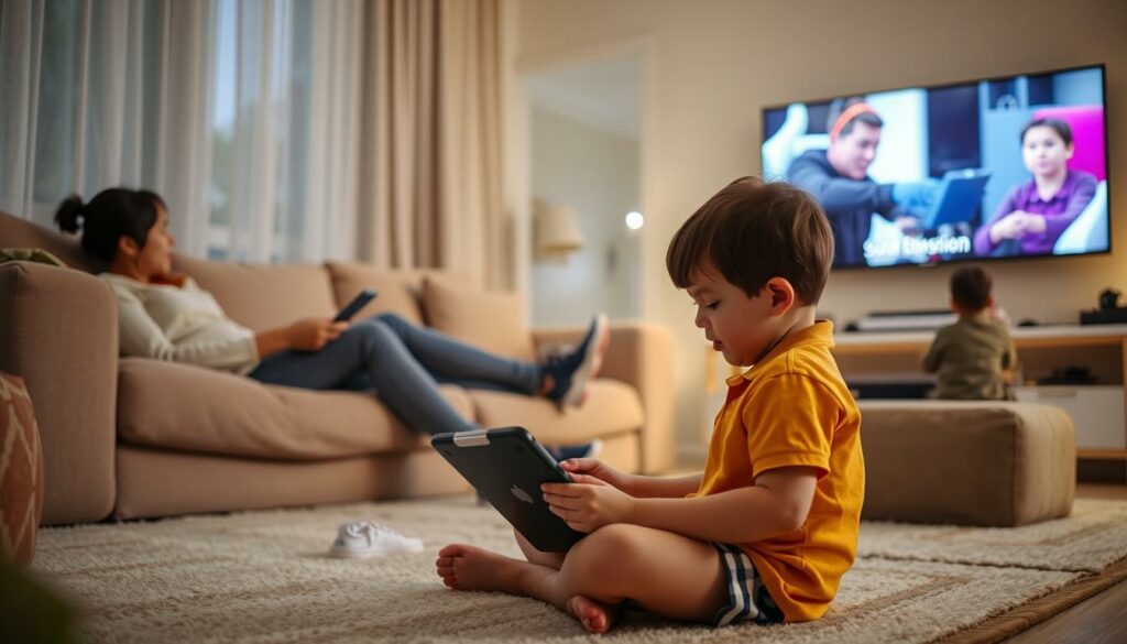 A cozy family living room, bathed in warm, soft lighting. In the foreground, a young child sits cross-legged on the floor, deeply engaged with a tablet. Nearby, a parent lounges on a plush sofa, casually browsing a smartphone. In the background, another child plays a video game on a large, flatscreen TV, their face illuminated by the screen's glow. The room is filled with a sense of domestic tranquility, as the family navigates the integration of digital media into their everyday lives.