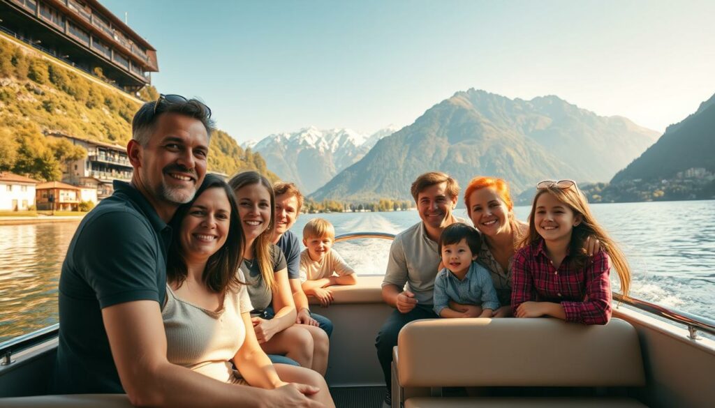 A cozy family scene on a tranquil Swiss waterway. In the foreground, a cheerful group of parents and children enjoy the warmth of the sun aboard a modest yet charming passenger boat. The middle ground reveals the peaceful banks of the river or lake, dotted with lush greenery and picturesque buildings. In the background, majestic mountains rise, their snow-capped peaks reflecting in the calm waters. Warm golden lighting bathes the entire scene, creating a sense of comfort and affordability. The image conveys the joy and accessibility of family-friendly water adventures on Swiss waterways.