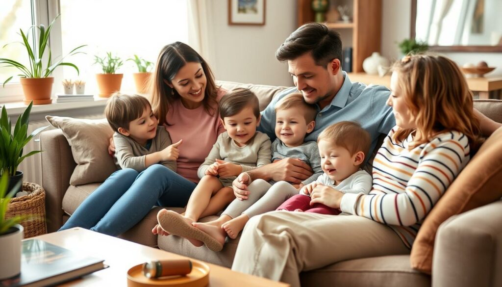 A cozy living room scene with a family of four sitting together on a comfortable sofa, engaged in quality time. The parents, in a relaxed and attentive pose, serve as positive role models, guiding their children through everyday activities and conversations. Soft, natural lighting filters in from a nearby window, creating a warm, inviting atmosphere. The room is tastefully decorated with plants, artwork, and personal touches, reflecting the family's values and priorities. The overall mood is one of harmony, trust, and genuine connection, exemplifying the meaningful impact parents can have as everyday role models.