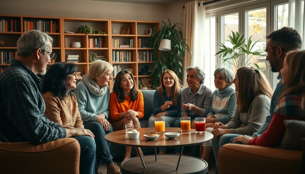 A diverse group of parents gathered in a cozy, well-lit living room, engaged in animated conversation. Soft lighting casts a warm glow, creating an inviting atmosphere. In the foreground, a circular table with refreshments encourages interaction and collaboration. Bookcases and plants in the background suggest a nurturing, intellectual environment. The parents, representing various backgrounds, lean in towards each other, their body language conveying a sense of community and shared purpose. An air of camaraderie and mutual support permeates the scene, embodying the essence of a thriving "Elternnetzwerk."