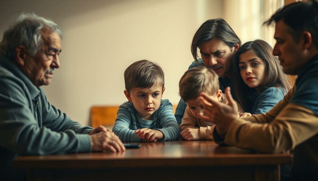 A family of four - grandparents, parents, and a child - sitting around a table, engaged in a tense discussion. The grandparents appear concerned and slightly disapproving, while the parents seem defensive and frustrated. The child's expression is one of confusion and unease, caught in the middle of the conflict. The scene is illuminated by soft, warm lighting, casting shadows that accentuate the emotional tension. The background is slightly blurred, keeping the focus on the family's interactions. The overall mood is one of subtle discord, hinting at the complexities and challenges of multigenerational parenting dynamics.