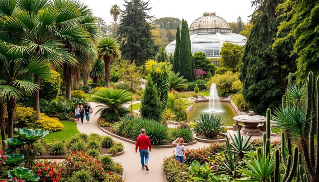 A lush, verdant scene of the Botanical Garden in Zurich, Switzerland, showcasing its diverse array of plant life. In the foreground, a family strolls along the winding paths, taking in the sights of towering tropical palms, vibrant flowering shrubs, and a serene pond teeming with aquatic plants. The middle ground reveals a mix of towering conifers, cascading vines, and towering cacti, creating an immersive botanical experience. In the background, the historic glass-domed conservatory stands tall, bathed in warm, natural light, inviting visitors to explore the garden's many wonders. The overall scene exudes a sense of wonder and discovery, perfect for a family-friendly visit to the Botanical Garden.