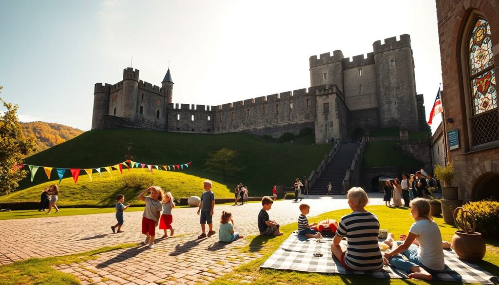 A medieval castle nestled atop a lush, rolling hill, bathed in warm afternoon sunlight. In the foreground, a group of children explore the courtyard, gazing up at the towering stone walls and turrets. Colorful flags flutter in the gentle breeze, casting playful shadows across the cobblestones. A family picnics on a checkered blanket, sharing a hearty meal and discussing the history of the ancient fortress. Knowledgeable tour guides lead visitors through the grand halls, describing tales of chivalry and intrigue. Sunbeams filter through stained-glass windows, illuminating the ornate architectural details. The atmosphere is one of wonder, discovery, and the opportunity to step back in time and imagine life as a medieval royal.