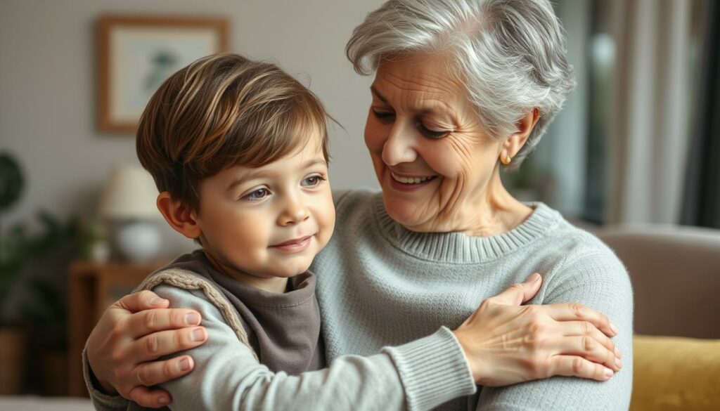 A nurturing grandparent gently setting boundaries for a child, their loving embrace and patient guidance creating a safe, supportive environment. Soft, muted lighting illuminates their interaction, the grandmother's face radiating warmth and understanding as she explains limits with a soothing tone. The child's expression is one of trust, their body language relaxed and receptive. The background is a cozy, inviting indoor space, hinting at the comfort and security of the grandparental home. An atmosphere of compassionate discipline, where limits are established with care rather than harshness.