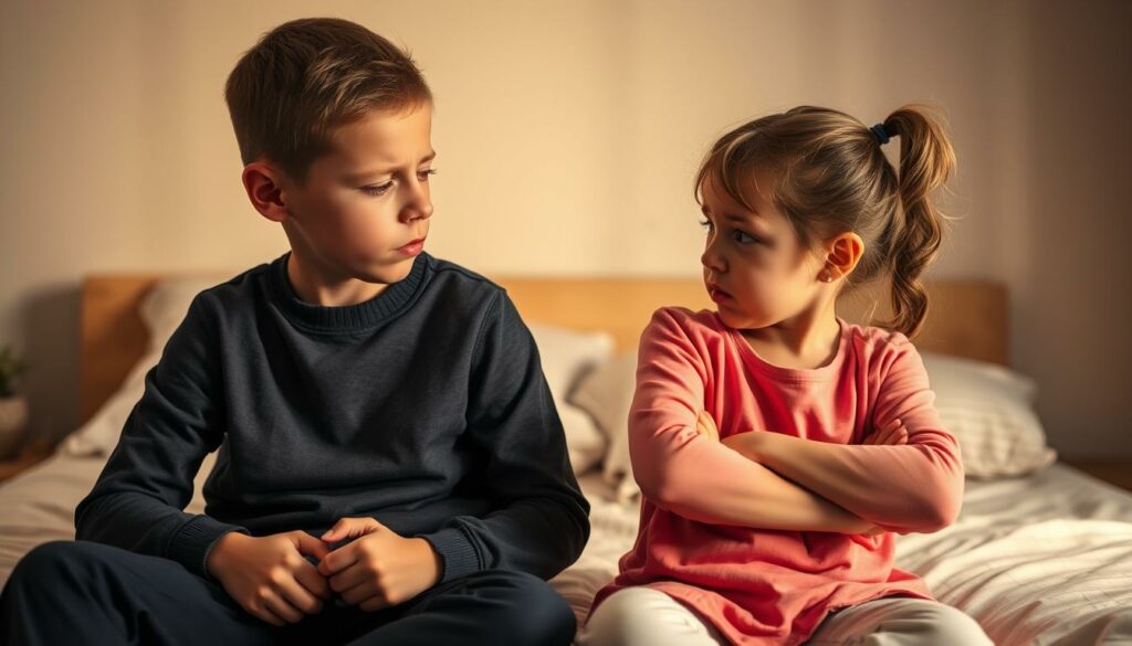 A pair of young siblings, a brother and sister, sitting on a bed, facing each other with expressions of frustration and annoyance. The brother has a slightly envious, defensive posture, while the sister looks exasperated, her arms crossed. The scene is lit by warm, soft light, creating a intimate, domestic atmosphere. The background is slightly blurred, with hints of a tidy bedroom visible. The composition emphasizes the interaction and tension between the siblings, capturing the essence of sibling rivalry and jealousy.