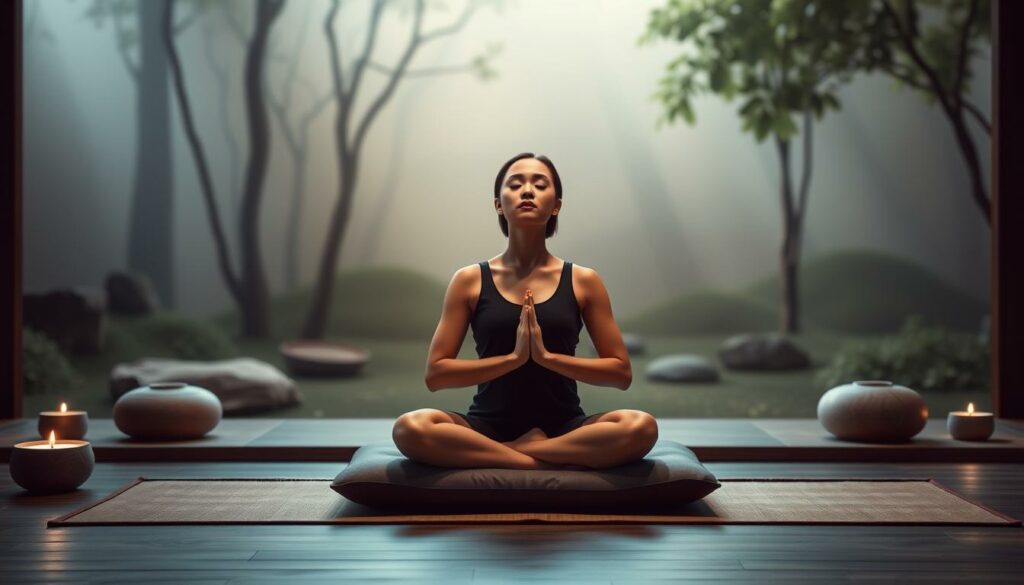 A person sitting cross-legged on a meditation cushion, eyes closed, palms resting on knees in a serene lotus pose. The background features a calming, nature-inspired setting with soft, diffused lighting - perhaps a minimalist Zen garden or a tranquil forest scene. The overall atmosphere exudes a sense of inner peace and meditative stillness, inviting the viewer to pause and find their own moment of calm. The composition is balanced and visually pleasing, with a focus on the meditating figure as the central point of interest.