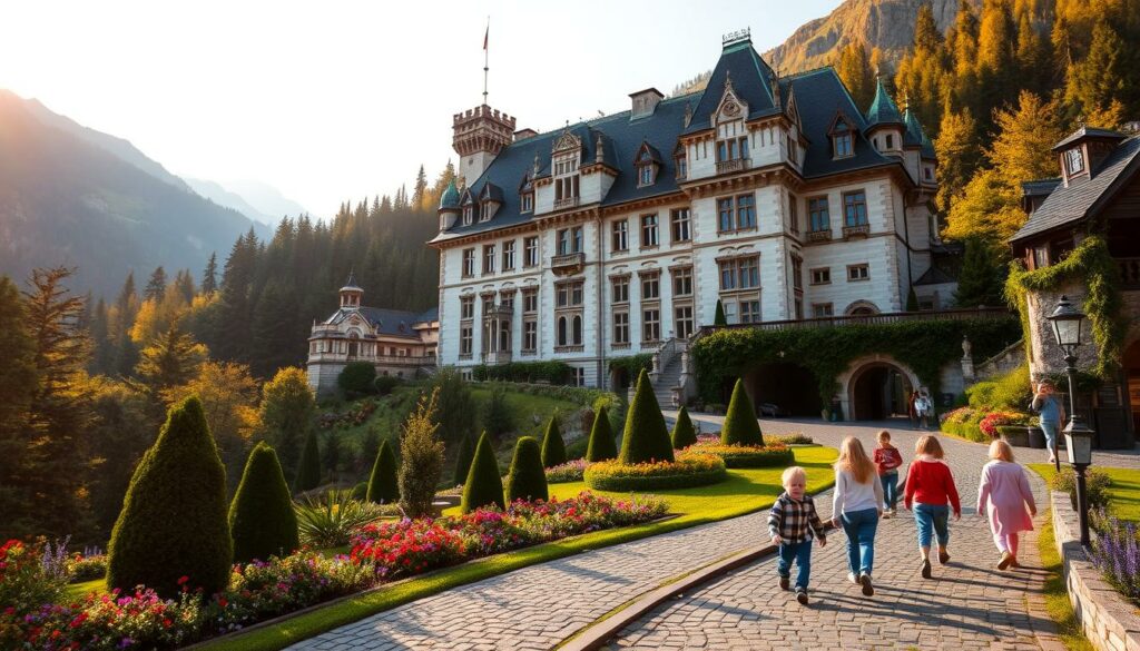 A picturesque Swiss castle nestled amidst lush alpine scenery, surrounded by verdant forests and towering peaks. The grand, stately facade features intricate stone carvings, turrets, and ornate windows that catch the warm golden light of the afternoon sun. In the foreground, a cobblestone path winds through a well-manicured garden, dotted with colorful blooms and whimsical topiary. Children explore the castle grounds, marveling at the hidden nooks and crannies, imagining themselves as noble knights and regal princesses. The overall atmosphere exudes a sense of history, adventure, and family-friendly wonder.