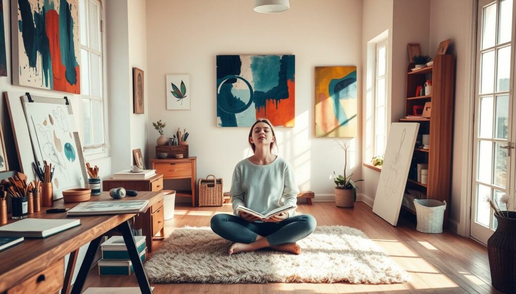 A serene and sunlit studio space, with a cozy reading nook nestled in the corner. On a wooden table, an array of creative supplies - paints, brushes, a sketchpad, and an open book. The walls are adorned with vibrant abstract art, hinting at the owner's artistic passions. Soft natural lighting filters through large windows, casting a warm glow on the scene. In the center, a person sits cross-legged on a plush area rug, eyes closed, deep in a moment of mindful reflection. The atmosphere exudes a sense of tranquility and self-care, inviting the viewer to pause and find their own creative spark.