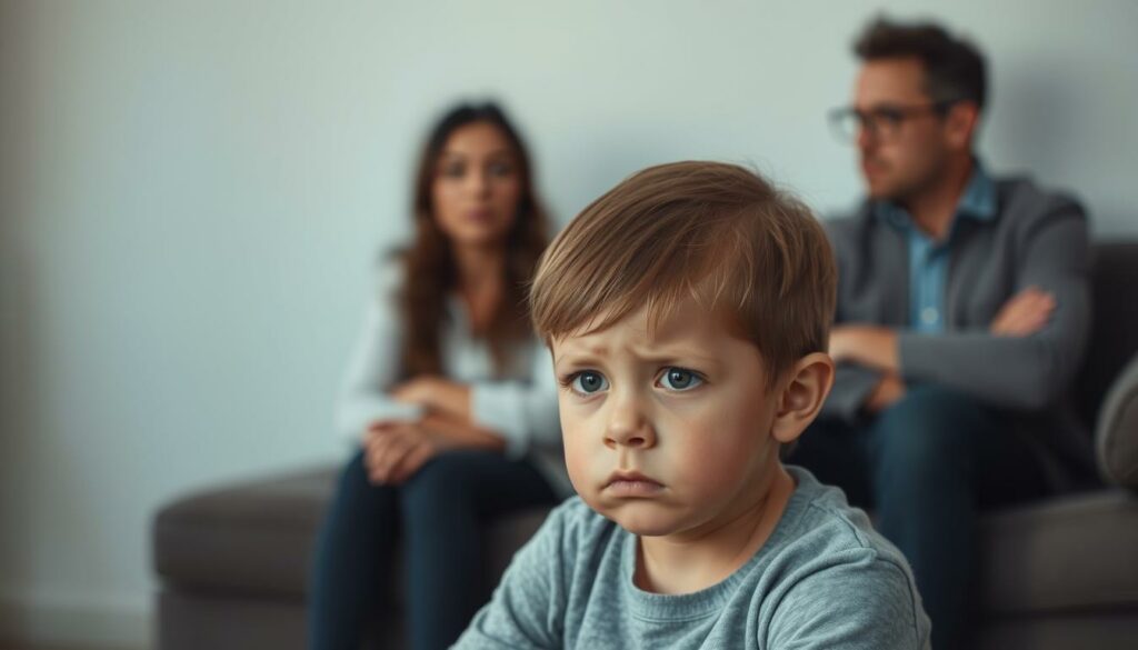 A serene, contemplative scene depicting the key factors that influence the process of parental separation. In the foreground, a young child sits pensively, their face etched with concern. The middle ground features two adults, their body language suggesting a tense, yet thoughtful conversation. In the background, a softly blurred environment sets a contemplative mood, with muted colors and gentle lighting evoking a sense of introspection. The overall composition conveys the complexities and emotional weight of the separation experience, inviting the viewer to ponder the challenges faced by the child navigating this transition.