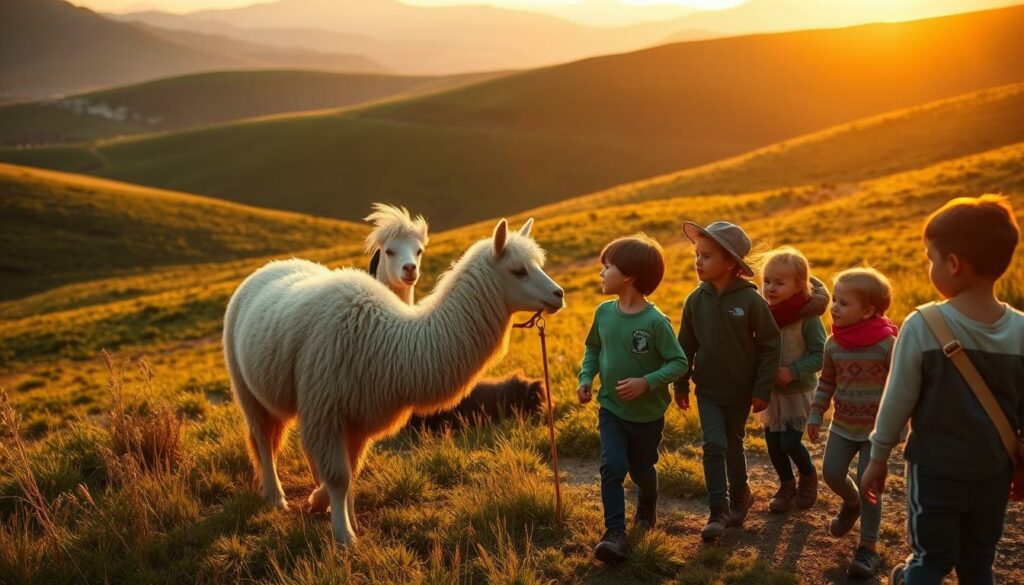 A serene outdoor scene at golden hour, with a group of young children led by an experienced lama guide through a lush, verdant landscape. The lama, with its soft, woolly coat and gentle demeanor, walks patiently beside the children, who gaze up in wonder. The sun casts a warm, golden glow, creating a sense of tranquility and connection between the human and animal companions. The trail winds through rolling hills, with distant mountains framing the scene. An inviting, immersive atmosphere that captures the joy and wonder of a lama-led hiking adventure.