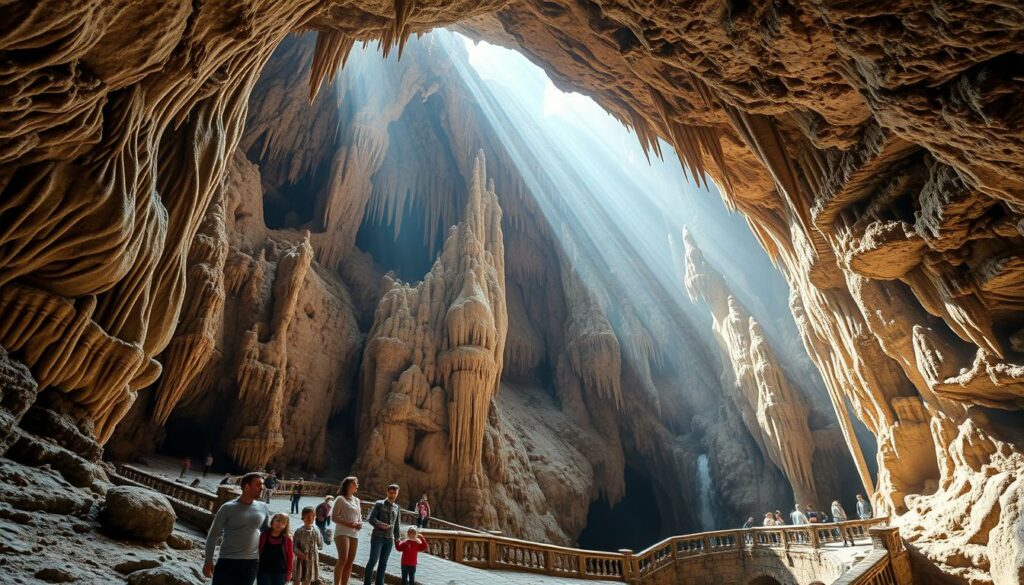 A vast and majestic cave system, the St. Beatus-Höhlen in the Swiss Alps, with its towering limestone formations, cascading underground streams, and an otherworldly ambiance. Sunlight filters through the natural openings, casting a warm, ethereal glow upon the intricate stalactites and stalagmites. Families explore the winding paths, marveling at the geological wonders and the serene, mystical atmosphere. In the foreground, a family group stands in awe, surrounded by the magnificent rock formations. The middle ground showcases the depth and scale of the cavern, with its towering ceilings and winding passages. The background fades into the mysterious depths, hinting at the untold stories hidden within this subterranean realm.