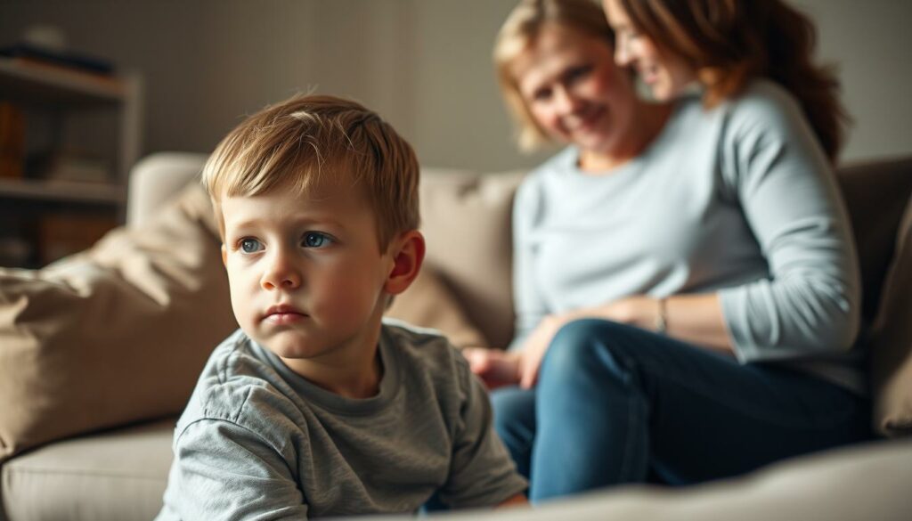 A warm, comforting living room scene with a young child sitting on a couch, appearing thoughtful and a bit melancholic. In the foreground, soft lighting caresses the child's face, conveying a sense of sensitivity and introspection. In the middle ground, a caring adult, perhaps a parent or counselor, leans in with a gentle, reassuring posture, offering support and guidance. The background features muted tones, suggesting a nurturing, non-judgmental environment, with subtle hints of books or family photos hinting at the child's personal history. The overall atmosphere is one of gentle empathy and understanding, reflecting the care and support needed for a child navigating the challenges of parental separation.